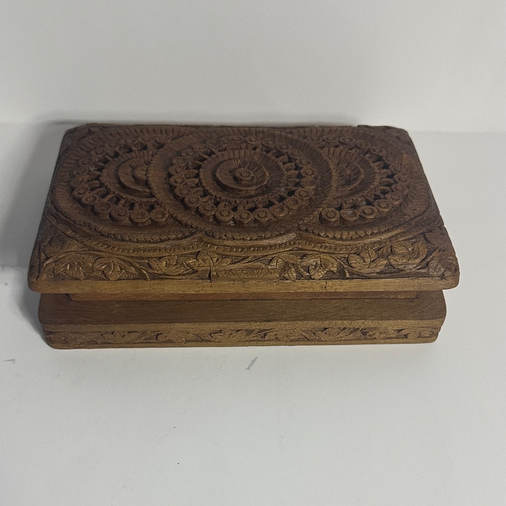 Carved Wooden Box - Rich Brown hand-carved wooden jewelry or keepsake bo